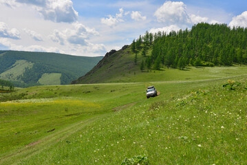 Off-road through the hilly landscape of northern Mongolia