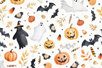 Seamless Halloween pattern with pumpkins, bats, ghosts, candy corn, and autumn leaves on a white background.