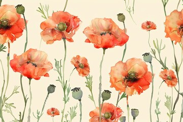 Obraz premium Watercolor illustration of red poppies with green stems and buds on a light background. Perfect floral pattern for design projects and decorations.