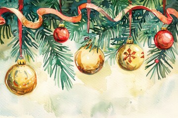 Watercolor painting of Christmas ornaments and pine branches, featuring golden and red baubles with festive ribbons.