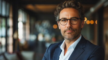 Obraz premium Confident businessman with glasses, formal suit, isolated on white background, professional and intellectual, high-quality image, business profile, corporate leader