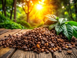 Obraz premium Freshly roasted aromatic coffee beans scattered on a rustic wooden table, surrounded by lush greenery, with warm sunlight casting a cozy afternoon glow.