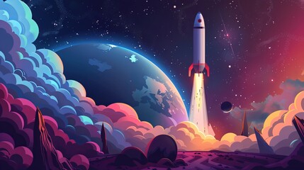 Fototapeta premium Space Rocket Launching into Cosmos with Earth Background - Starry Sky Spacecraft Mission Success