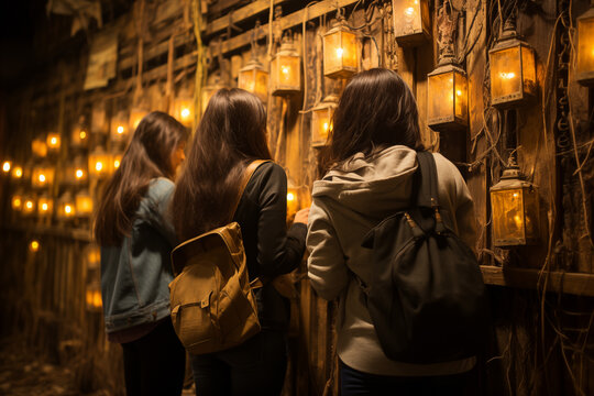 A Halloween-themed escape room with participants trying to solve puzzles amidst creepy decor and hidden surprises