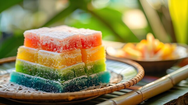 A closeup of a Malaysian kuih lapis, showing its colorful, layered texture and delicate sweetness, arranged on a traditional plate with soft, natural lighting