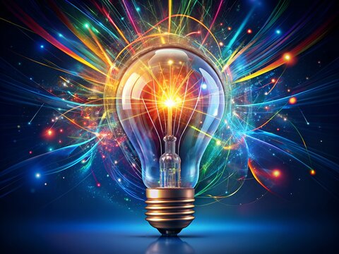 A radiant lightbulb surrounded by swirling vortex of colorful sparks and lines, symbolizing brilliant ideas and innovative thinking, against a dark blue gradient background.