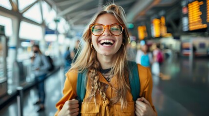 Obraz premium Young woman feeling excited while going on vacation at airport