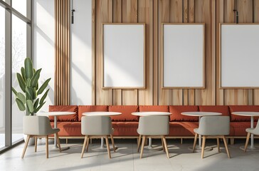 modern coffee shop interior with wooden paneling on the wall, two large blank poster frames