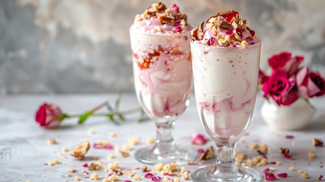 A closeup of creamy, chilled falooda, served in a tall glass, garnished with rose syrup and chopped nuts, set against a clean, minimalistic background with soft, ambient lighting