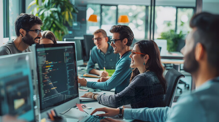 Office team coding and collaborating on project work. Group of young business people working and communicating together in modern office. Happy group of software developers working