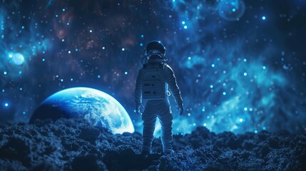 Exploring the Cosmos: Spaceman Floating Near Planet, Human in Space Concept