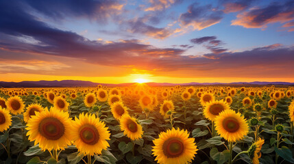 Obraz premium A breathtaking view of a sunflower field at sunset, showcasing vibrant yellow blooms against a dramatic sky. Perfect for nature and landscape themes.