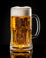 A frothy beer mug filled with golden beer against a black background, capturing the refreshing drink's bubbles and texture.