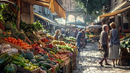 Obraz premium An early morning farmers market scene, bustling with vendors and customers