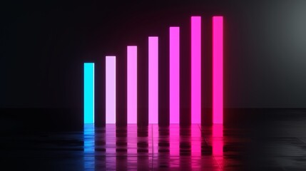 Neon bar graph with radiant glowing bars on a dark reflective surface, representing data growth and technological evolution, cyberpunk elements, vibrant colors