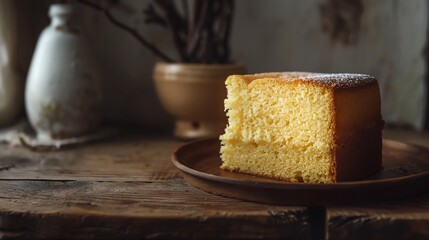 A detailed shot of castella cake, showing its fluffy, golden texture, set against a rustic wooden table with natural lighting