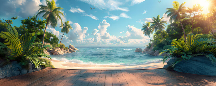 Wooden deck,podium on tropical beach with palm trees and blue sky background. Beach podium summer sale background product 3D display platform.