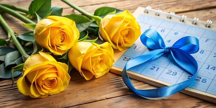 Yellow roses and blue ribbons intertwined on a wooden table, surrounded by July calendar pages, symbolizing hope and support for Sarcoma cancer awareness month. - Powered by Adobe