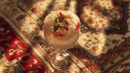 A detailed shot of Iranian faloodeh, with its rice noodles and rosewater syrup, served in a traditional glass against a Persian carpet backdrop with soft lighting