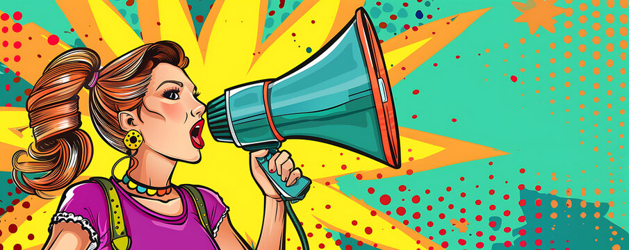 Pop art amazing woman with megaphone in comic style advertisement poster.