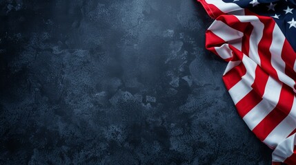 Naklejka premium United States flag on a dark background, flowing gracefully, ample text space on the right, perfect for Labor Day celebrations and patriotic messages, subdued lighting