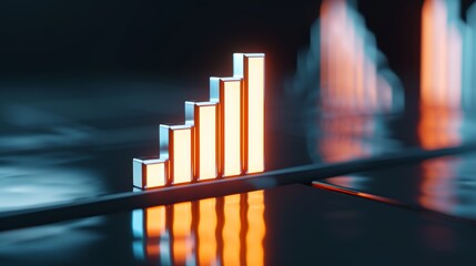 Obraz premium Neon bar graph in a futuristic setting, glowing bars on a sleek dark reflective surface, symbolizing technological progress and data expansion, dynamic lighting