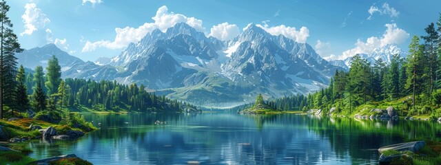 Fototapeta premium Illustration tranquil mountain lake surrounded by pine forests, with the clear blue water reflecting the snow-capped peaks and a clear sky.