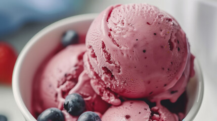 A bowl of ice cream with blueberries and strawberries