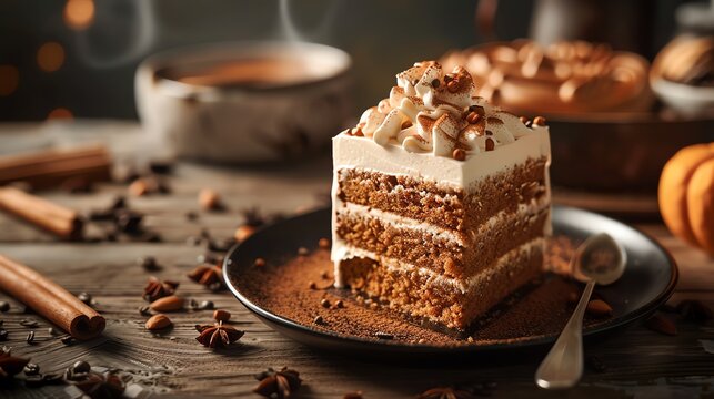 A dynamic image of a pumpkin spice latte cake, with its layers of spiced cake and creamy frosting, set against a cozy, autumnal backdrop with warm lighting