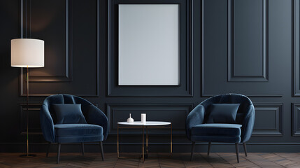 Fototapeta premium Art Deco extravagant and premium interior design hotel lobby with chairs, sofa and empty poster mockup on the wall