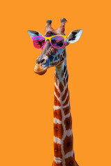 Cool giraffe wearing a colorful sunglasses, isolated on yellow background. © Igor