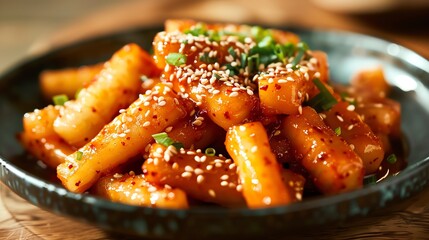 A dynamic image of Korean tteokbokki rice cakes, covered in spicy sauce and garnished with sesame seeds, placed on a traditional Korean plate with bright, even lighting