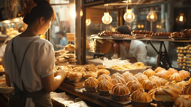 A dynamic image of melon pan, with its crunchy, sugary crust and soft interior, set against a bustling bakery backdrop with warm, ambient lighting