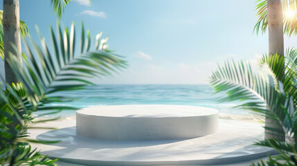 Fototapeta premium 3D render of tropical beach background with a platform for product presentation. Summer theme with palm leaves and ocean waves on a beautiful day.