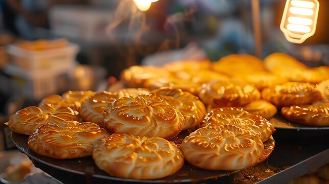 A dynamic shot of freshly made badusha, with their golden color and intricate patterns, set against a bustling street food market backdrop with warm, ambient lighting