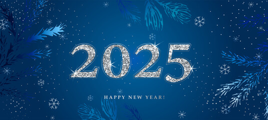 Happy New Year 2025 banner. Silver sparkling numbers, winter pattern hand drawn with spruce and pine branches and snowflakes, blue background.
