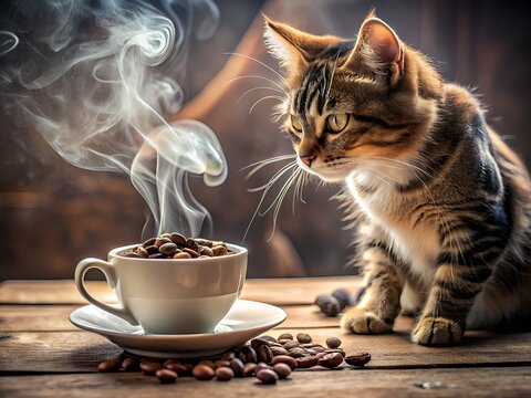 Adorable whiskered feline sits at a tiny table, sipping coffee from a cup, surrounded by steam, coffee beans, and a saucer in a playful morning scene.