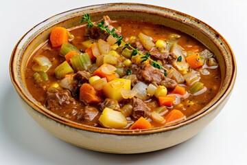 Bison Stew with Sautéed Onions and Aromatic Spices in Rustic Bowl