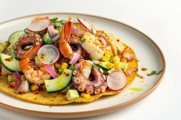 Vibrant Seafood Tostada with Fresh Garden Salad and Pickled Chiles