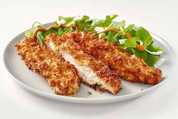 Crispy Coconut Chicken Strips with Tangy Honey Mustard Drizzle and Salad