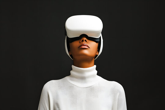 Femme portant un casque de r&eacute;alit&eacute; virtuelle