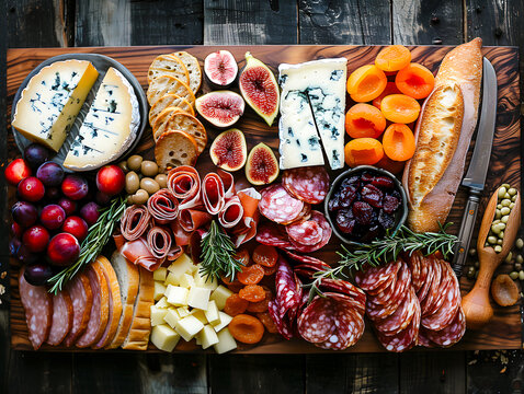 Planche ap&eacute;ro copieuse avec charcuterie, l&eacute;gumes, fruits