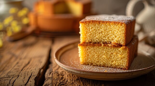 A luxurious image of castella cake, showing its fluffy, golden texture, set against a rustic wooden table with natural lighting