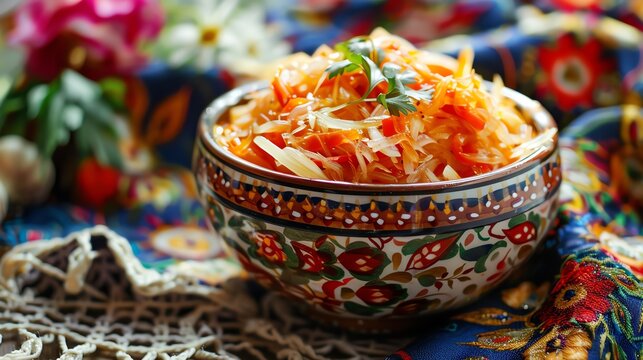 A luxurious image of Kazakh shalgam, with its fermented vegetable slices, served in a traditional bowl against a bright, colorful background with natural lighting
