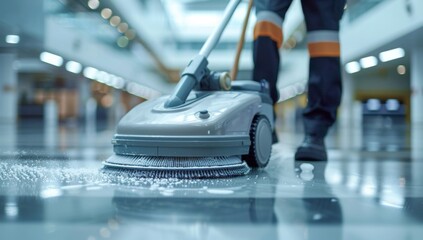 Obraz premium A cleaning person is using a yellow plastic bucket and mop to clean the floor in an office building