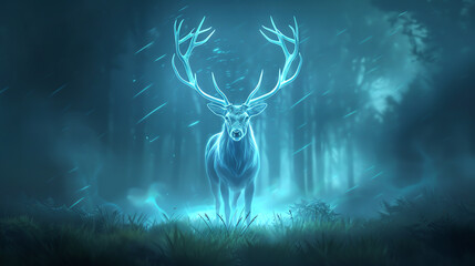 Ethereal forest creature with antlers and luminescent markings, surrounded by mist, serene and enchanting atmosphere, Digital Art, Illustration