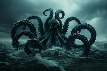 Giant sea monster with tentacles and scales, rising from turbulent waters, stormy skies, dramatic and menacing, Fantasy, Photorealistic