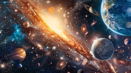 Obraz premium Panoramic Universe with Sun, Planets, Galaxies, Stars, and Celestial Objects - Space Exploration Concept