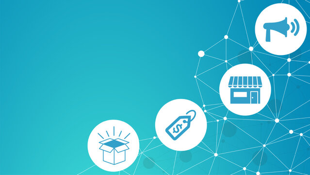 4Ps Model of marketing mix infographic presentation template with icons has 4 steps such as Product, Place, Price and Promotion. 