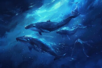 Fototapeta premium majestic pod of whales gracefully swimming through the deep blue ocean digital painting